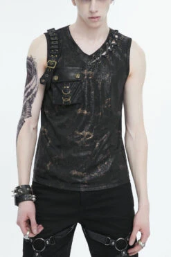 Black Personalized Print Big Pocket Buckle Men's Punk Tank Top