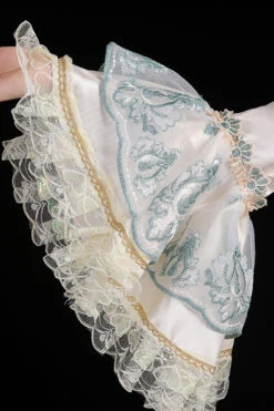 Blue/Champagne Trumpet Sleeves High Waisted Ruffled Multi-Layer Hollow Embroidery Print Victorian Lolita Prom Dress -LolitaInside 6d65bd78e929a65f976d56a75b23dfec