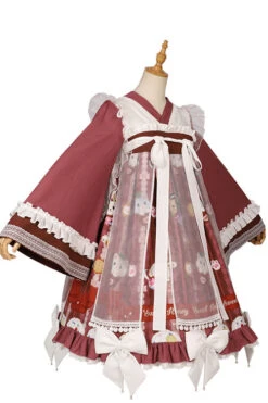 Dark Red Cat Print Chinese Style Bowknot Ruffled High Waisted Long Trumpet Sleeves Sweet Lolita OP Dress -LolitaInside 6e5ec7ff0e62f4027f29cb5a66013dfb