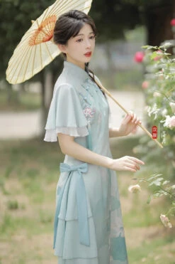 Green Ruffle Short Sleeves Lotus Print Sweet Cheongsam Hanfu Dress -LolitaInside 6e9c7ddae7f6291e31dc7005d58883e6