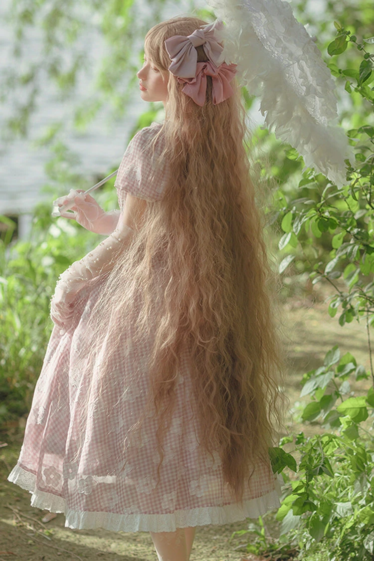 Pink Short Sleeve Floral Print Plaid Pattern Sweet Lolita Dress 5 Pink Short Sleeve Floral Print Plaid Pattern Sweet Lolita Dress - Image 3