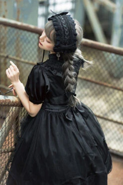Black Elegant Round Collar Bowknot Short Sleeves High Waisted Gothic Lolita OP Dress -LolitaInside 6f9dd4edf24ff61036e732f051554941