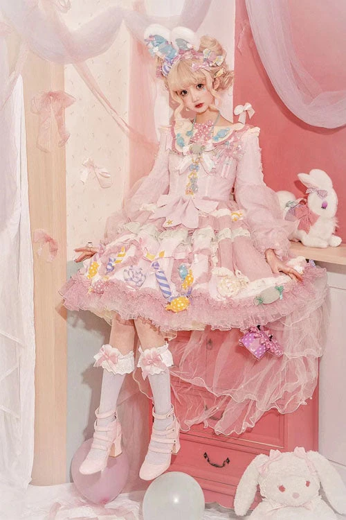 Pink Candy Party Lace Long Sleeves Bowknot Multi-Layer Ruffled Sweet Lolita JSK Dress 4 Pink Candy Party Lace Long Sleeves Bowknot Multi-Layer Ruffled Sweet Lolita JSK Dress - Image 2