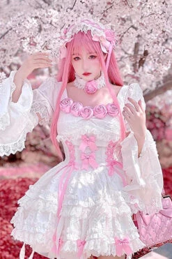 White/Pink Puff Short Sleeves Princess Gothic Lolita Tiered Dress -LolitaInside 6fd13c28d7089d84f5af7b3e96a8c5c6
