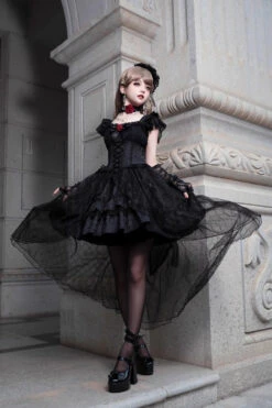 Black Elegant Bride Gorgeous Tea Party Gothic Lolita Tiered Dress -LolitaInside 70804b10a56a71009633fa04d98f9f65