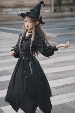 Black Lapel Collar Cat Eye Irregular Hem Gothic Lolita OP Dress -LolitaInside 70e1076eee2294d3a21c33cc5074f164