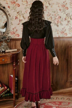 Wine Vintage Palace Style Ruffled Stripe Print High Waisted Classic Lolita Dress Skirt -LolitaInside 70ec2e8b64f14b9a24bcb9d076d171c4