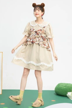 Beige Vintage Doll Collar Bear Print Fake Two Pieces Short Sleeves Sweet Lolita Dress -LolitaInside 7103f11d9f0f12ca039b0d353150b50d
