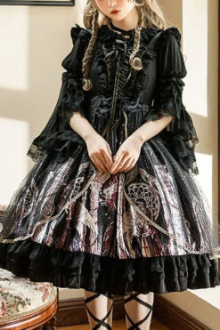 Black Ancient Mythology Angel Wings Print Mesh Stitching Bowknot Ruffled Gothic Lolita Jsk Dress