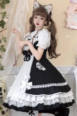 White/Black Cat Print Ruffle Bowknot Maid Sweet Lolita Dress -LolitaInside 715bf9147d6839b32a224d025d12e672