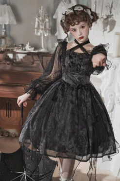 Black Ruffled Strap Mesh Lantern Sleeves High Waisted Irregular Hem Gothic Lolita OP Dress -LolitaInside 715fbc1b23049a9010843b2b12acb8be