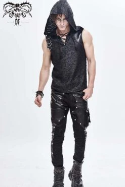 Black Hooded Tattered Chest Lace Up Metal Buckle Knit Men's Punk Vest -LolitaInside 71d62f2a7f0280285069f8a9325f5522