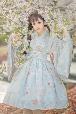 Japanese Trumpet Sleeves Lace Ruffled Cherry Blossom Print Sweet Lolita OP Dress -LolitaInside 71d82a897eca4eaad28c2cd04b90a416
