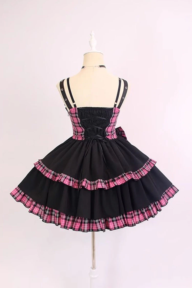 Black/Pink Plaid Print Color Contrast Leather Buckle Bowknot Ruffle Gothic Lolita JSK Dress 7 Black/Pink Plaid Print Color Contrast Leather Buckle Bowknot Ruffle Gothic Lolita JSK Dress - Image 5
