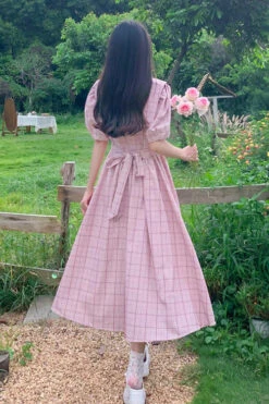 Pink Navy Lapel Collar Check Short Sleeves High Waisted Long Plus Size Sweet Lolita Dress -LolitaInside 72276fb0565caebdd05a11406565f96c
