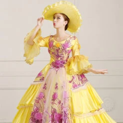 Yellow Half Sleeves Hime Sleeves High Waisted Lace Stitching Hollow Embroidery Floral Print Multi-Layer Victorian Lolita Prom Dress -LolitaInside 72317fc7e3e1288a053dc28fe6e2eb41