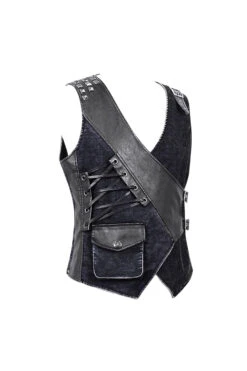 Black V Neck Asymmetric Lace Up Leather Loop Shoulder Rivet Corduroy Men's Punk Waistcoat -LolitaInside 7247ca08739b9a98601d1f0aba895bc2