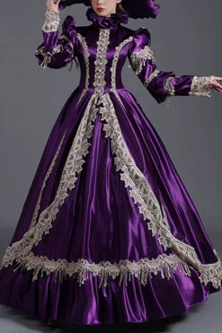 Purple Long Sleeves High Collar High Waisted Cardigan Ruffled Victorian Lolita Prom Dress