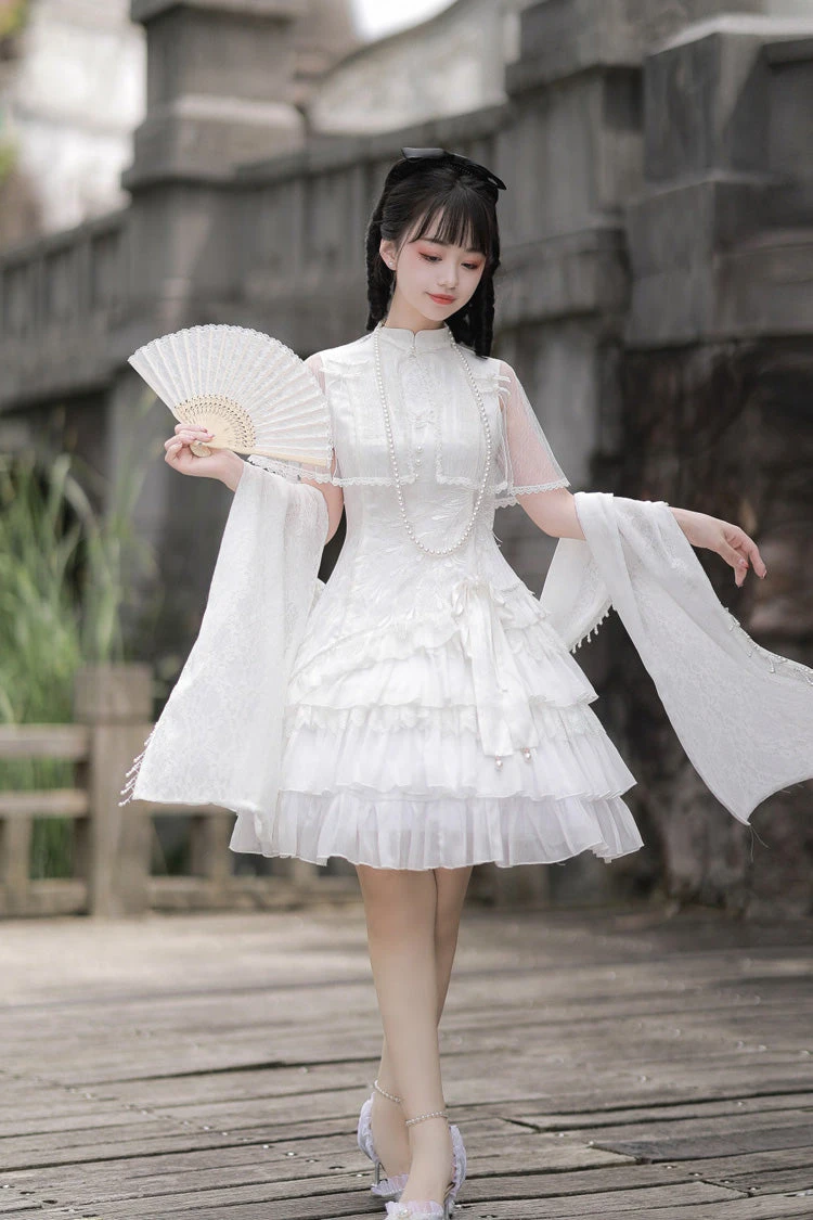 White Stand Collar Ruffle Chinese Qi Shawl Sweet Lolita Dress 5 White Stand Collar Ruffle Chinese Qi Shawl Sweet Lolita Dress - Image 3