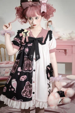 Multi-Color Lapel Collar Short Sleeve Single Breasted Bear Print Sweet Lolita Dress -LolitaInside 73a0d98d0b6a714d3e6224de6892e24a