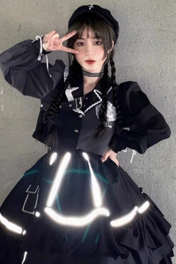 Black Night Talking Reflective Strip Long Sleeves Ruffle Pleated Gothic Lolita Dress Set -LolitaInside 74ac44dddbaeaf4b53f49604f0467d02