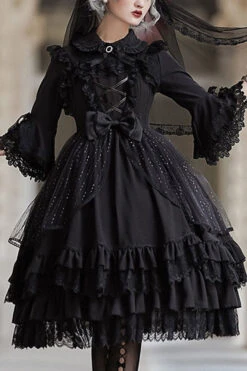 Half Sleeves Lace Stitching Bowknot Hanayome Multi-Layer Gothic Lolita Dress