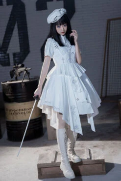 White Short Sleeves Irregular Hem New Gothic Lolita Dress 7 White Short Sleeves Irregular Hem New Gothic Lolita Dress -LolitaInside 74e97c5ee1696f5e38d730328643c4ee