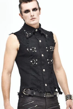Black Worn Out Twill Mesh Decoration Rough Selvedge Hem Heavy Metal Men's Punk Waistcoat 15 Black Worn Out Twill Mesh Decoration Rough Selvedge Hem Heavy Metal Men's Punk Waistcoat -LolitaInside 751ad60d6a7a53684515ec68ba0fa8b9