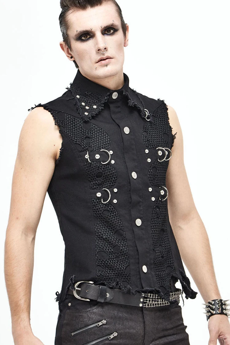 Black Worn Out Twill Mesh Decoration Rough Selvedge Hem Heavy Metal Men's Punk Waistcoat 5 Black Worn Out Twill Mesh Decoration Rough Selvedge Hem Heavy Metal Men's Punk Waistcoat - Image 3