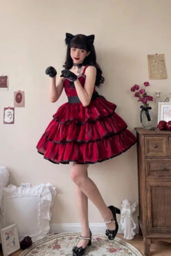 Rose Contrast Color Large Swing Tiered Sleeveless Gothic Lolita JSK Dress 3 Colors -LolitaInside 75985f994543f5e9b77bc4abc7237eb6
