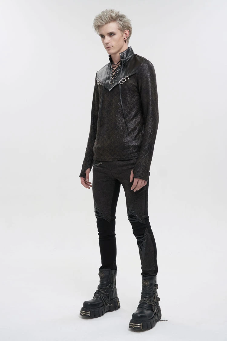 Black Stand Collar Long Sleeves Faux Leather Splice Men's Gothic Shirt 5 Black Stand Collar Long Sleeves Faux Leather Splice Men's Gothic Shirt - Image 3