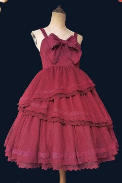 Wine Solid Color Tower Of Dawn Bowknot Sleeveless Ruffle Sweet Lolita Dress