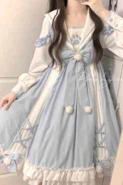 White/Blue Navy Collar Long Sleeves Print Ruffle Bowknot Sweet Princess Lolita Dress -LolitaInside 76eb1bf051ced21b2230bb2bf85c5814