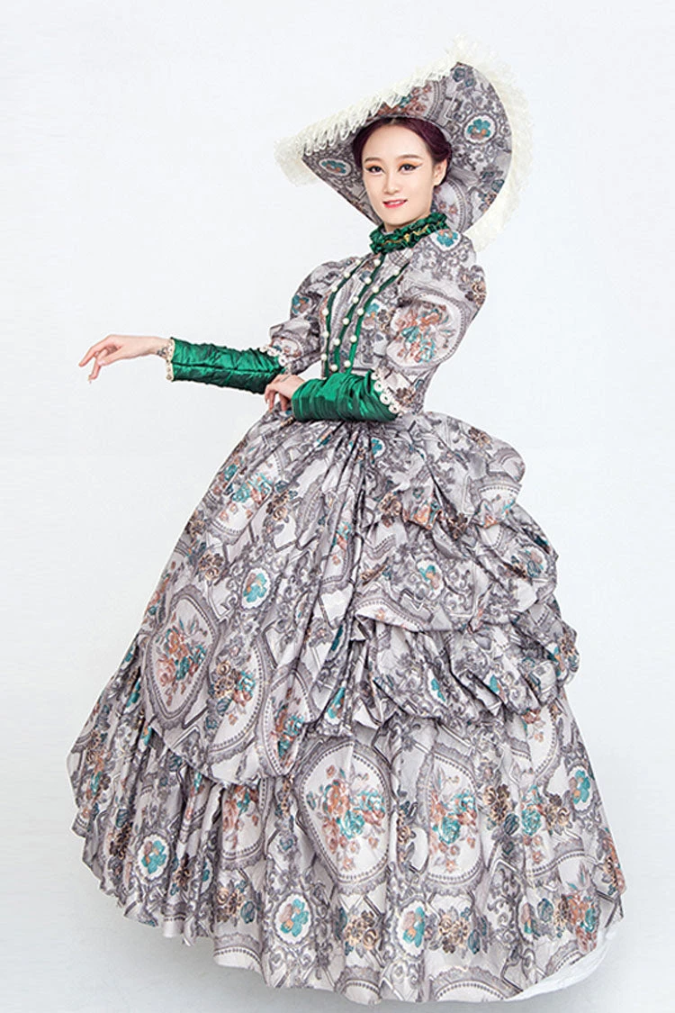 Gray Long Sleeves High Collar Embroidery Floral Print Wave Fold Victorian Lolita Prom Dress 6 Gray Long Sleeves High Collar Embroidery Floral Print Wave Fold Victorian Lolita Prom Dress - Image 4