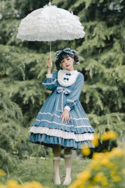 Blue Long Sleeves Bowknot Ruffled Multi-Layer Classic Lolita Op Dress -LolitaInside 77270bbcc9cab5816286238c95bb0064