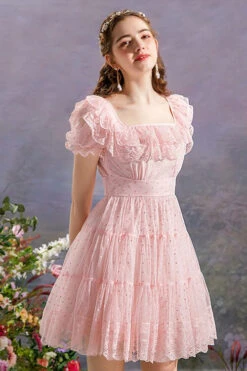 Pink Vintage Square Collar Ruffled Princess Short Sleeve Dot Print High Waisted Mesh Sweet Lolita Dress -LolitaInside 7736883e5443a85660ae724e9486d058
