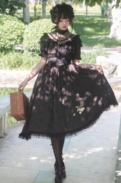 Black Daisy Print Cherry Embroidery Edwardian Collar Short Sleeves Gothic Lolita Dress -LolitaInside 7769072920f4510148ac2abbb1c94f66