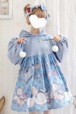 Blue Lantern Long Sleeves Alice Rabbit Print Hooded Cute Sweet Lolita OP Dress -LolitaInside 779bf4f4d8ed8fa7f313f1189339f663
