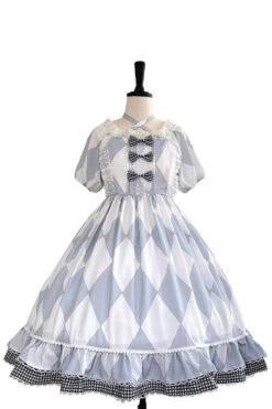 White/Blue Short Sleeves Diamond Plaid Print Bowknot Alice Sweet Lolita Dress