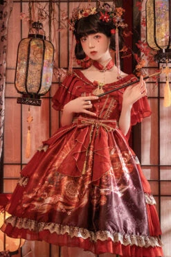 Round Collar Ruffled Short Sleeves Elegant Print High Waist Classic Lolita Dress -LolitaInside 77d4a3f2fa13f30b21e28c68641a1bd9