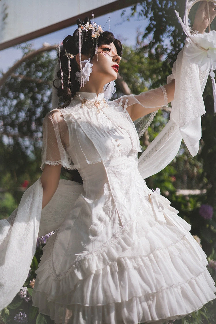 White Stand Collar Ruffle Chinese Qi Shawl Sweet Lolita Dress 6 White Stand Collar Ruffle Chinese Qi Shawl Sweet Lolita Dress - Image 4