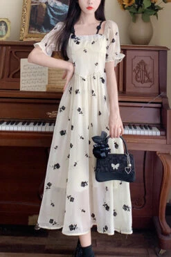 Beige French Square Collar Short Sleeves Rose Print Long Plus Size Sweet Lolita Dress