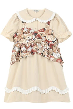 Beige Vintage Doll Collar Bear Print Fake Two Pieces Short Sleeves Sweet Lolita Dress -LolitaInside 7882a20e8c1db34cb61b0511fcc64020