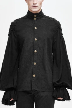 Black Straight Collar Puff Sleeve Jacquard Mens Punk Blouse