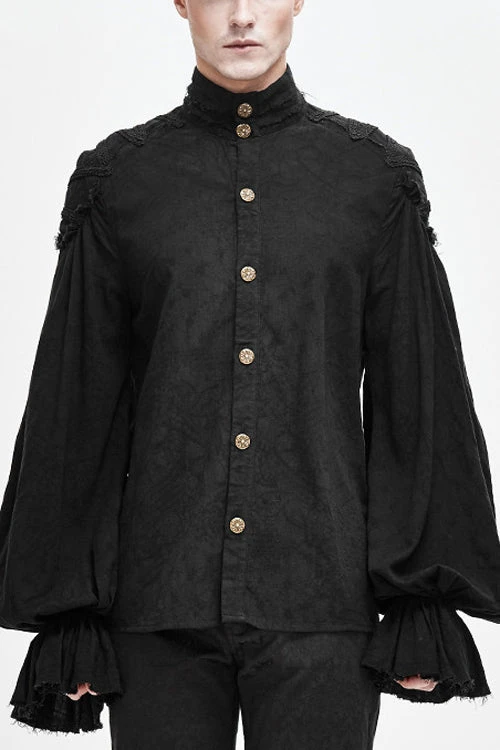 Black Straight Collar Puff Sleeve Jacquard Mens Punk Blouse 3 Black Straight Collar Puff Sleeve Jacquard Mens Punk Blouse