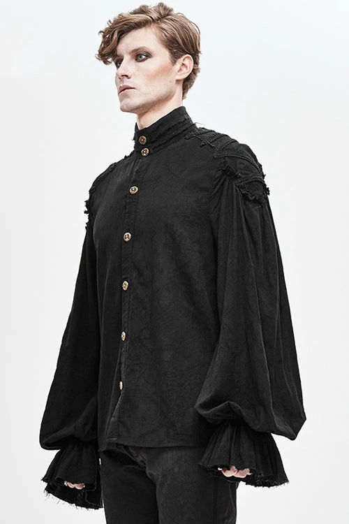 Black Straight Collar Puff Sleeve Jacquard Mens Punk Blouse 4 Black Straight Collar Puff Sleeve Jacquard Mens Punk Blouse - Image 2