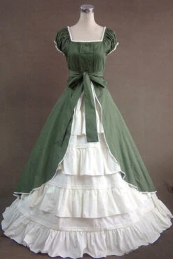 Green Cotton Square Collar Cap Sleeves Floor Length Pleats Bowknot Cardigan Victorian Gothic Lolita Dress