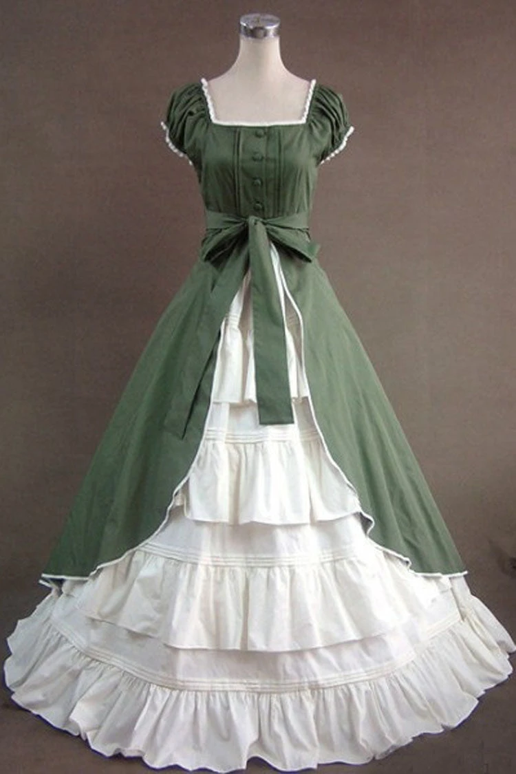 Green Cotton Square Collar Cap Sleeves Floor Length Pleats Bowknot Cardigan Victorian Gothic Lolita Dress 3 Green Cotton Square Collar Cap Sleeves Floor Length Pleats Bowknot Cardigan Victorian Gothic Lolita Dress