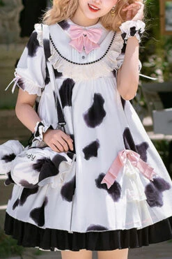 White Cow Pattern Print Short Sleeves Bowknot Ruffled Sweet Lolita OP Dress