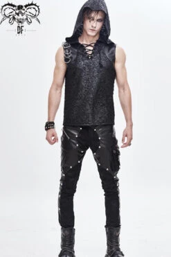 Black Hooded Tattered Chest Lace Up Metal Buckle Knit Men's Punk Vest -LolitaInside 799e9183cbb8be8742cefd144e974c3f